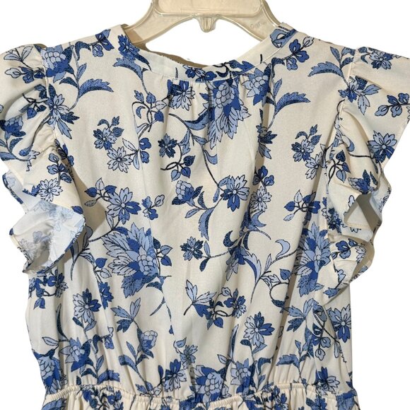 Love & Promises Blue & White Floral Dress with Short Ruffle Sleeves - Size Small - Picture 9 of 10